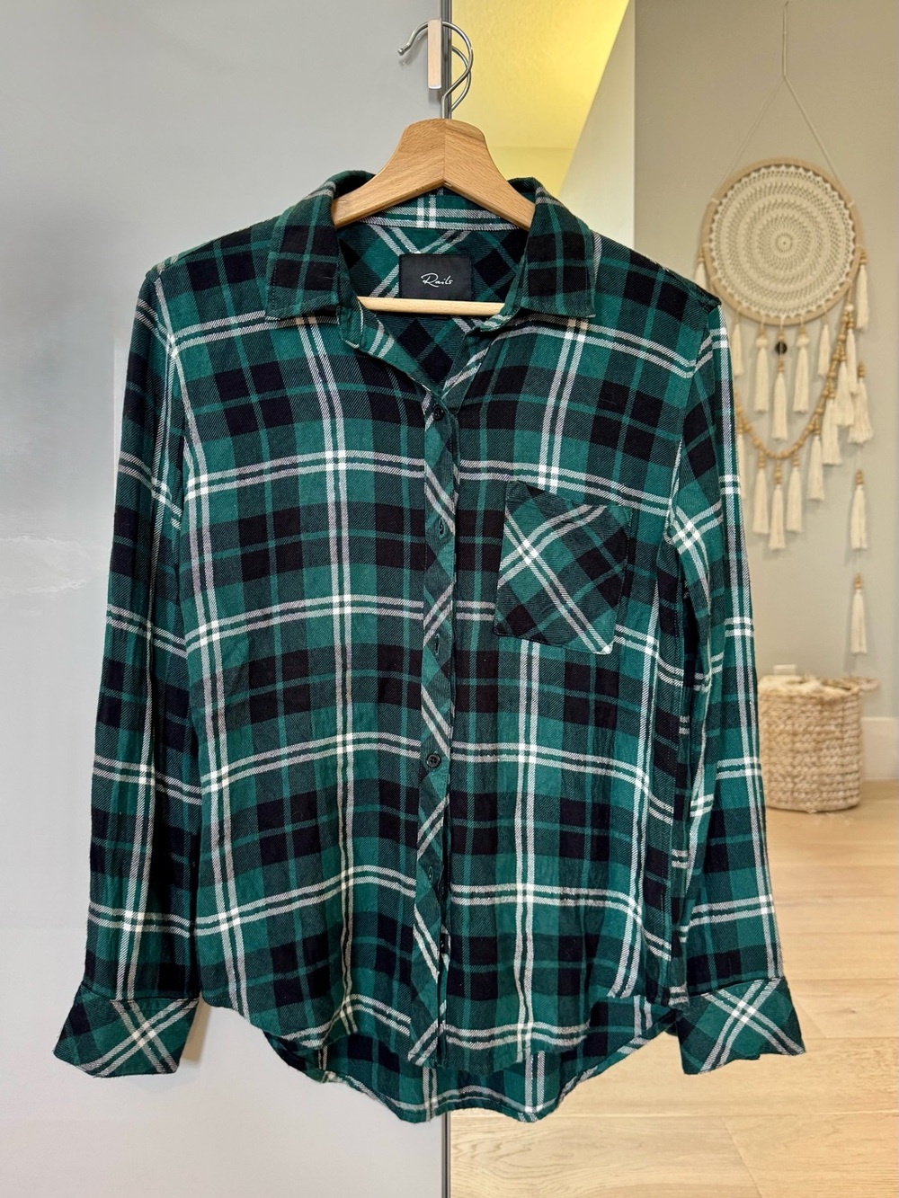 Rails Hunter Plaid Metallic Lurex Flannel Button Down Shirt Pine Green XS NWOT